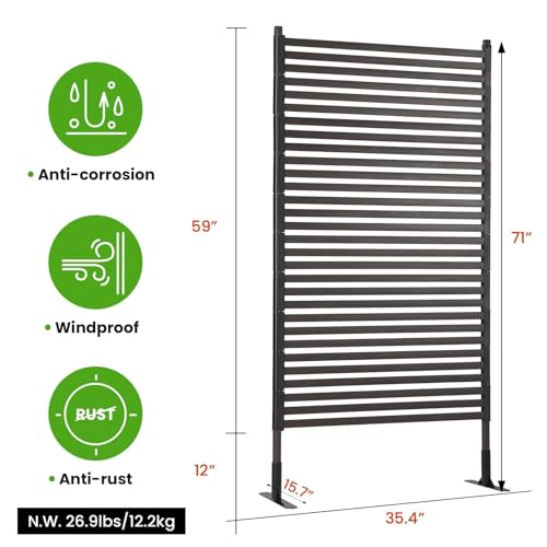 Metal Outdoor Privacy Screen with Stand, 3 ft W x 6 ft H PE-Coating Steel Pipes and Slats Panels, Decoative Privacy Screen Fence Panels Freestanding for Outside Patio Garden Backyard, Brown OTOSUNNY