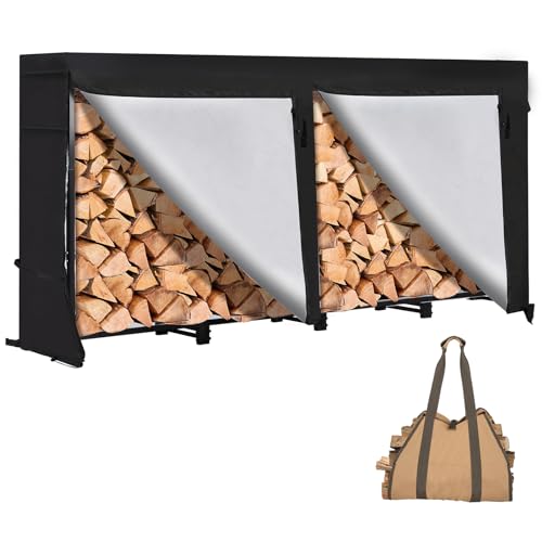 LOENIY 8ft Firewood Rack Outdoor with Waterproof Widened Cover, Heavy Duty Firewood Holder includes 2 Lateral Rods, Powder-coated Wood Rack with LOENIY