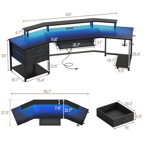 Itaar 79" Gaming Desk with 2 Fabric Drawers, Long Computer Desk with Power Strip & LED Lights, U Shaped Desks with Storage and Cup Holder, Large Gaming Table for Bedroom, Carbon Fiber Black Itaar