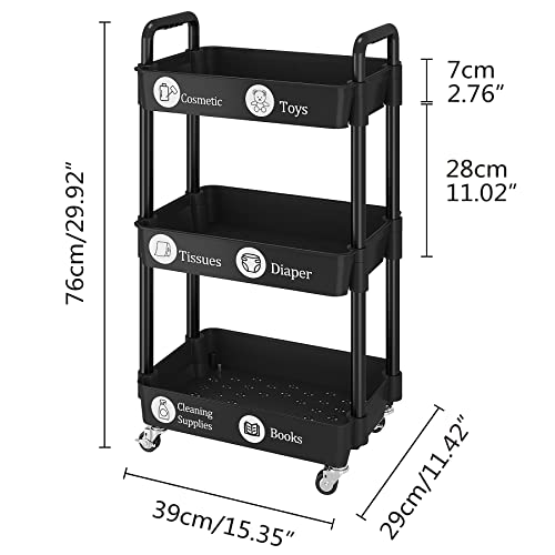 UDEAR 3-Tier Rolling Utility Cart with 12 Category Labels,Multifunctional Comagtable Rolling Shelving with Handle and Lockable Wheels for - WoodArtSupply