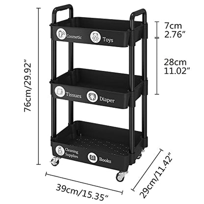 UDEAR 3-Tier Rolling Utility Cart with 12 Category Labels,Multifunctional Comagtable Rolling Shelving with Handle and Lockable Wheels for - WoodArtSupply