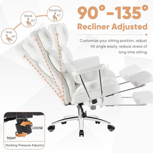 Sweetcrispy Executive Home Office Desk Chair - Ergonomic Big Tall High Back with Footrest & Lumbar Support, Reclining Height Adjustable, Comfy PU Leather Computer Gaming with Swivel Wheels, White Sweetcrispy