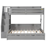 Merax Twin Over Full Bunk Bed Frame with Trundle & Storage Staircase, Wood Platform Bed with Storage Shelves & Guardrail & Charging Station for Bedroom Dorm Guest Room, No Box Spring Needed, Gray Merax