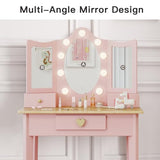 labebe Kids Vanity, Girls Vanity Desk with LED Changing Lights, Pretend Play Princess Vanity Set, Wooden Toddler Makeup Desk Dressing Table with Drawer and Chair (Pink) labebe