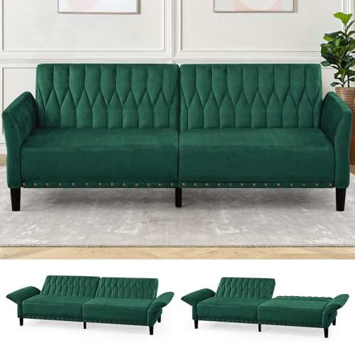 Lesofair 77" Velvet Sleeper Couch with Adjustable Backrests & Armrests, Modern Sofa Bed with Nailhead Trim, Tufted Loveseat Sofa with Deeper Seat for Living Room,Office,Green Lesofair