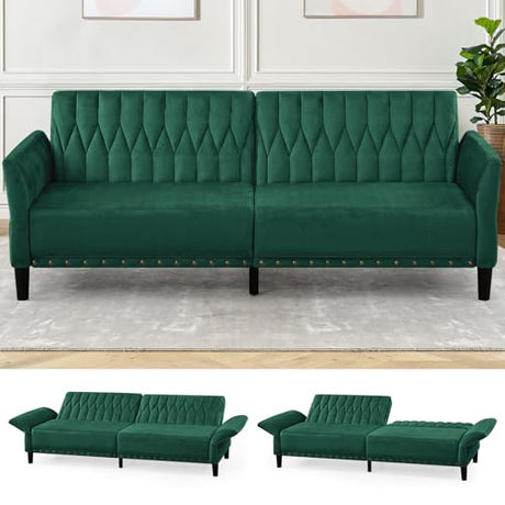 Lesofair 77" Velvet Sleeper Couch with Adjustable Backrests & Armrests, Modern Sofa Bed with Nailhead Trim, Tufted Loveseat Sofa with Deeper Seat for Living Room,Office,Green Lesofair