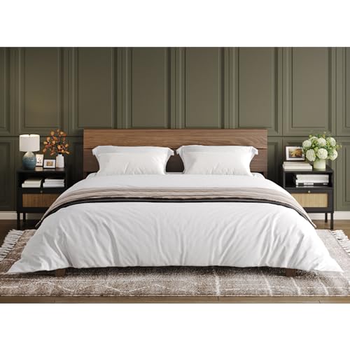 Natural Rattan Nightstands Set of 2, Accent End Table, Boho Bedside Table with 1 Hand Made Decorated Door for Living Room, Bedroom, Black Angel Sar