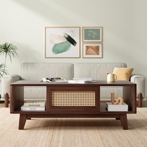 Coffee Table, Mid Century Living Room Tables with Storage, Modern Square Coffee Table with Rattan Drawer, Wooden Living Room Table, Farmhouse Coffee Table for Living Room