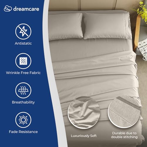 DREAMCARE King Size Sheets Set – 4 pcs Cooling Sheets – up to 21” Deep Pocket King Sheet Set – Hotel Luxury Sheets & Pillowcases – Superior Softness 100% Fine Microfiber with Side Pocket – Ivory DREAMCARE