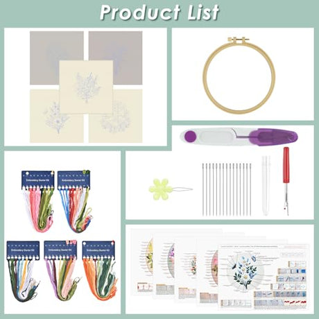 ERKOON 5 Sets Embroidery Kit for Beginners, Butterfly Cross Stitch Set for Include Embroidery Cloth Hoops Threads for Craft Lover Hand Stitch (Bouquet) ERKOON
