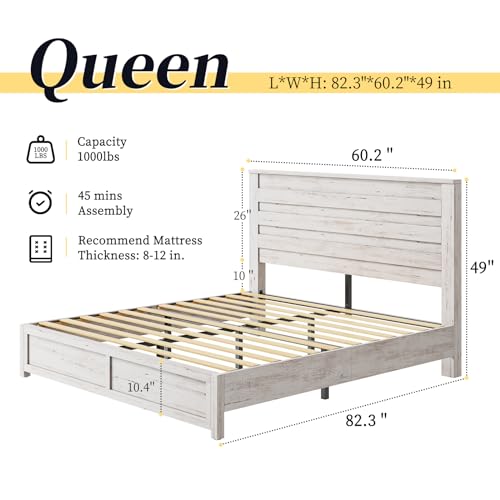 LUXOAK Distressed White Farmhouse Queen Bed Frame with 49" Tall Headboard and Hidden Metal Support - WoodArtSupply