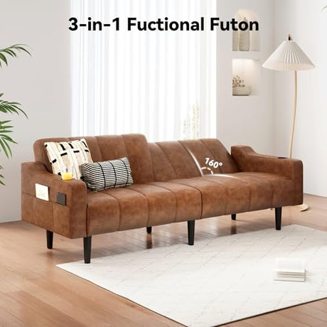 Amerimores Futon Sofa Bed, 80" Faux Leather Couch, Sleeper Sofa Bed with Adjustable Backrest& Storage, Mid Century Modern Loveseat Couch for Living Room, Bedroom and Small Spaces, Brown Amerimores