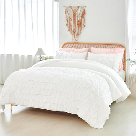 PERFEMET Full Size Comforter Set White, 3 Pieces Ruffle Comforter Sets Vintage Shabby Chic Bedding, Soft Lightweight Farmhouse Girls Bedding Set for All Season (White,Full) PERFEMET