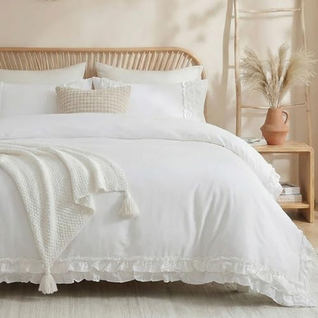 Merryword 100% Cotton Ruffled Comforter Set Queen, White Shabby Chic Farmhouse Bedding Set French Country Cute Comforter Set Merryword