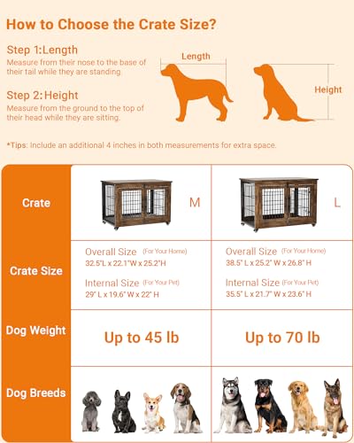 YaFiti Dog Crate Furniture with Cushion, Wooden Dog Kennel Indoor with Double Doors, Dog Cage with Wheels, Dog House Side End Table for Small Medium Dogs up to 45 lb, 32.5” L, Rustic Brown YaFiti