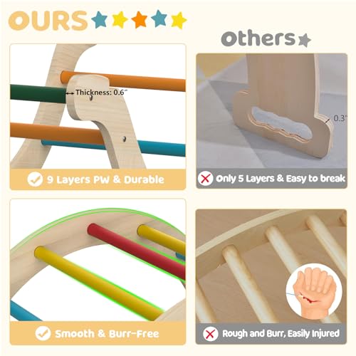 BIERUM 8 in 1 Montessori Pikler Triangle Set with Soft Cushion, Foldable Toddler Climbing Toys with Ramp for Sliding or Climbing, Wooden Jungle Gym, Indoor Playground for Toddlers and Kids, Rainbow BIERUM