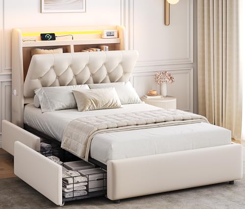 Twin LED Velvet Bed Frame with 2 Storage Drawers&Hidden Headboard, Upholstered Platform Bed with Charging Station&Button Tufted Design, Wooden Slats Support, Box Spring Optional, Easy Assembly, Beige Jocoevol
