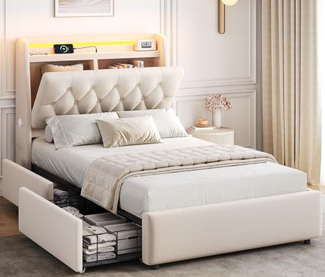Twin LED Velvet Bed Frame with 2 Storage Drawers&Hidden Headboard, Upholstered Platform Bed with Charging Station&Button Tufted Design, Wooden Slats Support, Box Spring Optional, Easy Assembly, Beige Jocoevol