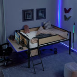 Single Game Bed Metal Full Loft Bed with Rectangular Desk, LED Lights, LED loft Bed Frame Double Bed with Storage Shelves and Hanging Storage Compartments, Safety Guard and Ladder, Rattang(Natural) JIJIWANG