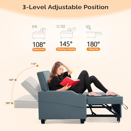 VINGLI Convertible Loveseat Sleeper, Blue Grey Faux Leather Futon Sofa Bed Pullout Couch Bed with USB Ports, Cup Holders, Armrest for Living Room, Bedroom, Home Office Apartment VINGLI