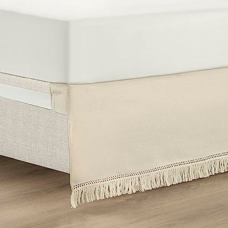 Lush Decor Boho Fringe 15-Inch Tailored Drop Easy Fit Bed Skirt Queen Size Single 60" W x 80" L +15" Neutral - Queen Bed Skirt - Wrap Around Bed Skirt Lush Decor