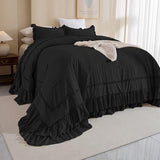 QSH Oversized King Comforter 128x120,3PCs Black Farmhouse Lightweight Ruffled Bedding Comforter Set Shabby Boho Chic California King Bed Comforter Set French Country Soft Microfiber Fluffy Bed Set QSH