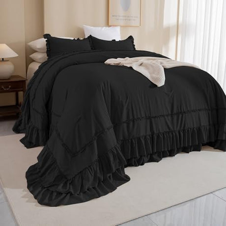 QSH Oversized King Comforter 128x120,3PCs Black Farmhouse Lightweight Ruffled Bedding Comforter Set Shabby Boho Chic California King Bed Comforter Set French Country Soft Microfiber Fluffy Bed Set QSH