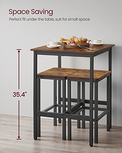 VASAGLE Bar Table and Chairs Set, Square Table with 2 Stools, Dining Pub Set for 2, Space Saving for Kitchen Breakfast, Living Room, Rustic Brown and Ink Black VASAGLE