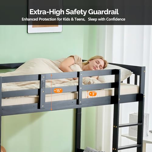 VINGLI Solid Wood Bunk Bed with Trundles,Twin Over Twin Bunkbed with RGB LED/Charging Station,Convertible Bunk Bed Frame with 15 inches High Safety Guardrail and Ladders for Kids,Black VINGLI