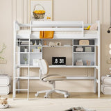 Merax Twin Loft Bed with Desk, Solid Wood Twin Size Loft Bed Frame with Shelves, White Merax