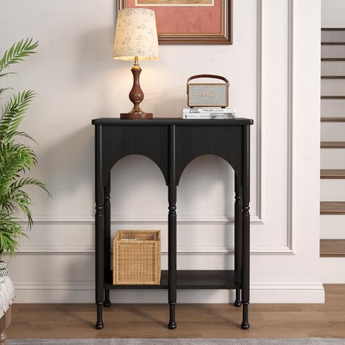 Topbele Console Table with Storage Shelf, 28" Small Entryway Table with Roman-Style Legs, Wooden Sofa Table Retro 2-Tier for Living Room, Hallway, Black Topbele