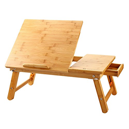 Laptop Desk Nnewvante Table Adjustable Bamboo Foldable Breakfast Serving Bed Tray w' Tilting Top Drawer - WoodArtSupply