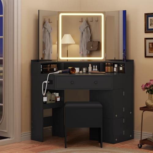 HAUOMS Corner Vanity Desk with Mirror and Lights, Power Outlet & Rotating Shelves, Makeup Vanities with Storage Bench, Drawers, 3 Light Settings, Dimmable for Women Girls, Black HAUOMS