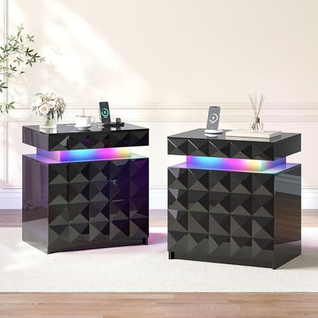 Dystler LED Nightstand Set of 2 with Charging Station,3 Drawers Night Stand with Lockable Hidden Storage,Smart Bedside Table with Human Sensor RGB Lights for Bedroom,Black Dystler