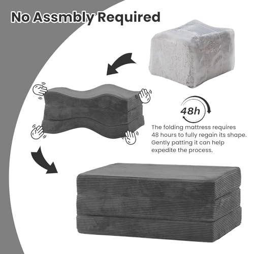 Erament Folding Mattress Queen Size, Trifold Mattress 6 inch Foldable Futon Sofa Bed with Corduroy Cover, Memory Foam Mattress Topper with Carry Handle Erament