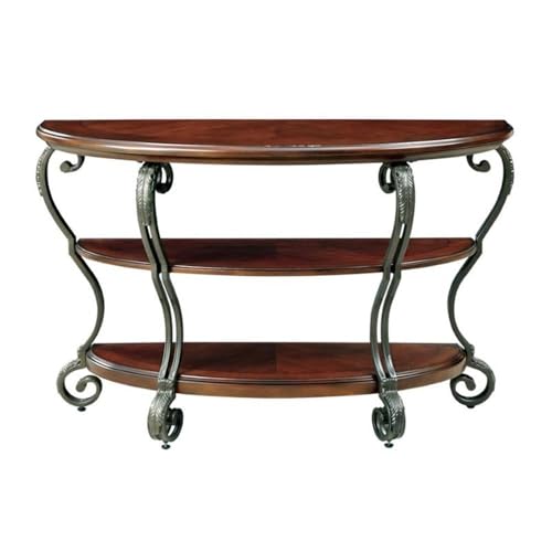 BOWERY HILL Traditional 2-Shelf Wood Console Table, 48" W x 19" D x 30" H, Brown Cherry Finish, Solid Wood and Veneer, Scrolled Metal Legs, Tempered Glass Top, Space-Saving Living Room Entryway Decor BOWERY HILL