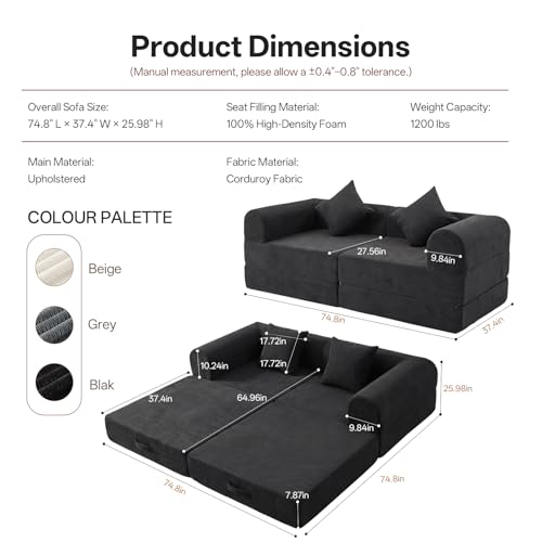 LunaHush 74.8’’ Boneless Modular Convertible Sofa Bed, Fold-Out Floor Couch Loveseat, All-Foam Futon Mattress Couch, Corduroy Sleeper Sofa for Living Room & Small Spaces, No Assembly Required, Black LunaHush