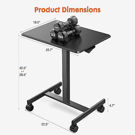 Sweetcrispy Small Mobile Rolling Standing Desk - Overbed Table, Mobile Portable Rolling Laptop PC Table with Locking Wheels, Adjustable Height Computer Workstation for Home Office, 19 Inch, Black Sweetcrispy