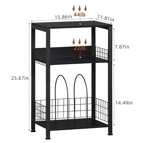 LELELINKY Side Table with Storage, Black Night Stand for Small Spaces, 3 Tier Industrial Wooden Record Player Holder with Vinyl Storage Shelf, End Tables Printer Stand for Bedroom LELELINKY