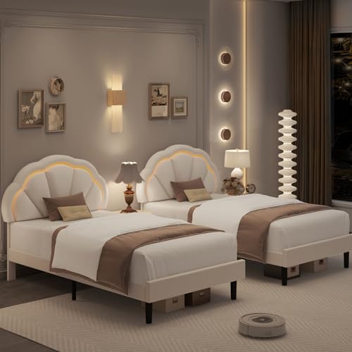 HIFIT Twin Upholstered LED Bed Frame with Adjustable Petal Headboard in Beige - Soft Velvet Princess Platform Bed for Kids HIFIT