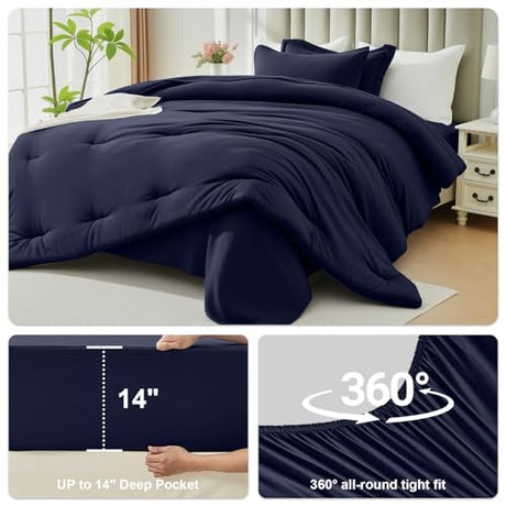 Easthome Queen Comforter Set 7 Piece - Soft Bed in a Bag Queen Size Comforter Sets, Cozy Bedding Sets with Down Alternative Comforter, Flat Sheet, Fitted Sheet, 2 Pillowcases & 2 Shams, Navy Blue Easthome