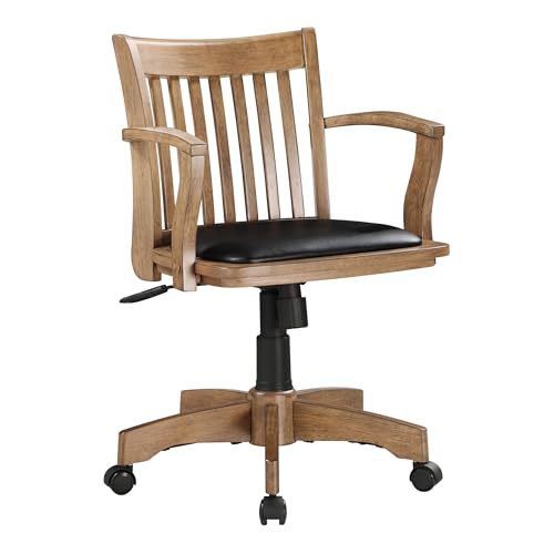 OSP Home Furnishings Deluxe Wood Banker's Desk Chair with Padded Seat, Adjustable Height and Locking Tilt, Fruitwood Finish and Black Vinyl - WoodArtSupply