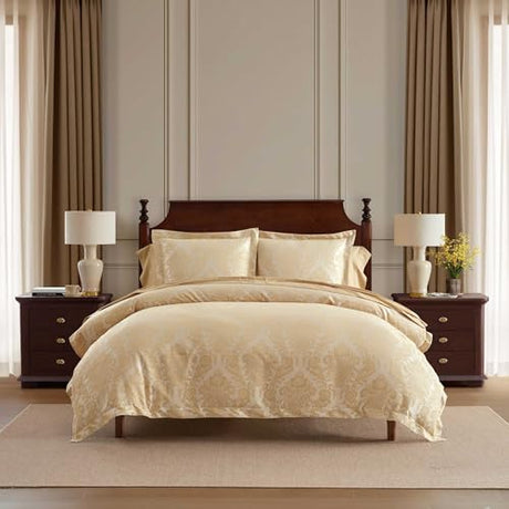 Martha Stewart - Queen Duvet Cover Set, Soft Cotton Blend Jacquard Bedding for Year Round, 3 Piece Bed Set with Matching Pillowcases (Vintage Damask Beige) Martha Stewart