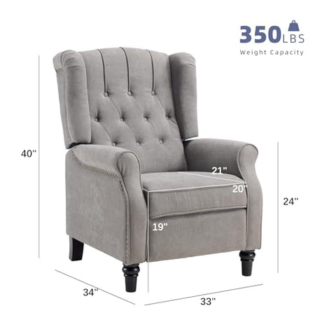 EBELLO Push Back Recliner Chair, Fabric Accent Chair Pushback Recliner with Rivet Decoration, Button-Tufted Back, Mid Century Wingback Armchair for Living Room, Bedroom, Grey EBELLO
