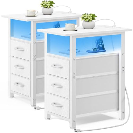 Vagusicc Set of 2 White Nightstand with Charging Station and LED Lights, Narrow End Table, LED Night Stand with 3 Fabric Drawers for Bedroom, Small Bedside Table, Narrow Side Table for Small Spaces Vagusicc