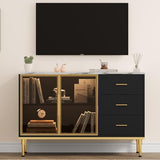 GAOMON Buffet Sideboard Cabinet with Storage, 46.4" Large Fluted Kitchen Sideboard Cabinet with 2 Glass Doors 3 Drawers and Shelves, Faux Marble Top Buffet Table for Dining Room, Living Room, Black GAOMON