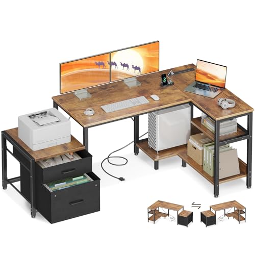 Casaottima L Shaped Desk with Drawers & File Cabinet, Reversible Computer Desk with Storage Shelves & CPU Stand, Corner Desk with Power Outlets, L Desk for Home Office, Rustic Brown Casaottima