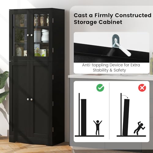 Giantex Pantry Organizers and Storage, 63.5” Tall Kitchen Cabinet, Food Buffet Cupboard with Glass Doors, Shelves with Baffle, Wooden Freestanding Giantex