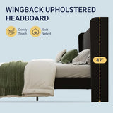 Allewie Full Size Velvet Platform Bed Frame with Vertical Tufted Wingback Headboard, Easy Assembly, Under Bed Storage, No Box Spring Required, Modern Style, Black Allewie