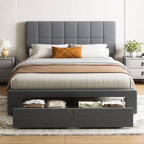 Marsail Queen Bed Frame with 2 Storage Drawers, Sturdy & Durable with 12 Support Legs, 1300 lbs Capacity, Solid Wooden Upholstered Adjustable Headboard for 6″–12″ Mattresses, Easy Assembly, Dark Gray Marsail
